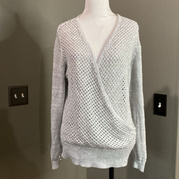 INC INTERNATIONAL CONCEPTS Grey Fishnet wrap front Sweater Metallic - Picture 1 of 9